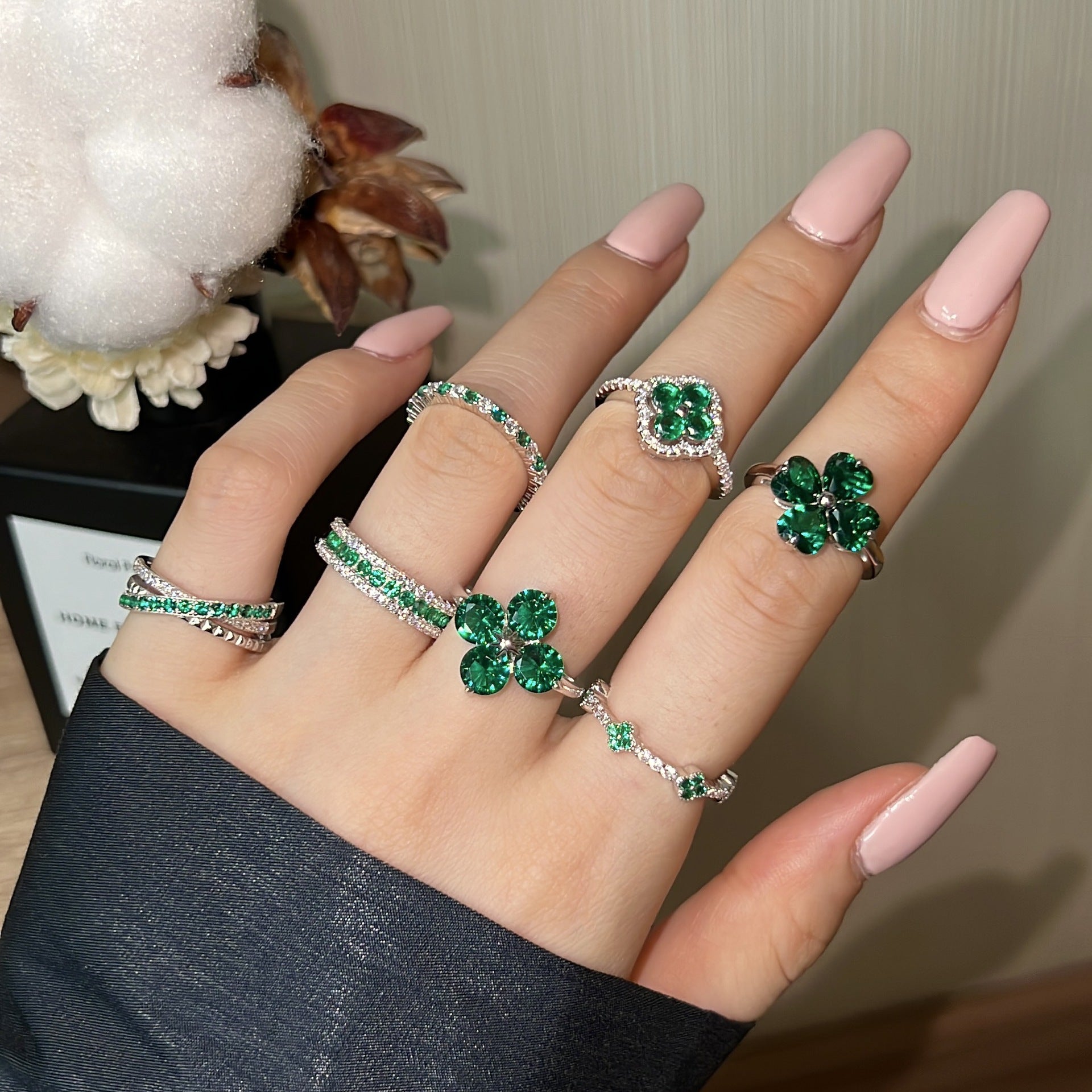 Wholesale S925 Sterling Silver Green Four-leaf Clover Zircon Inlaid Ring